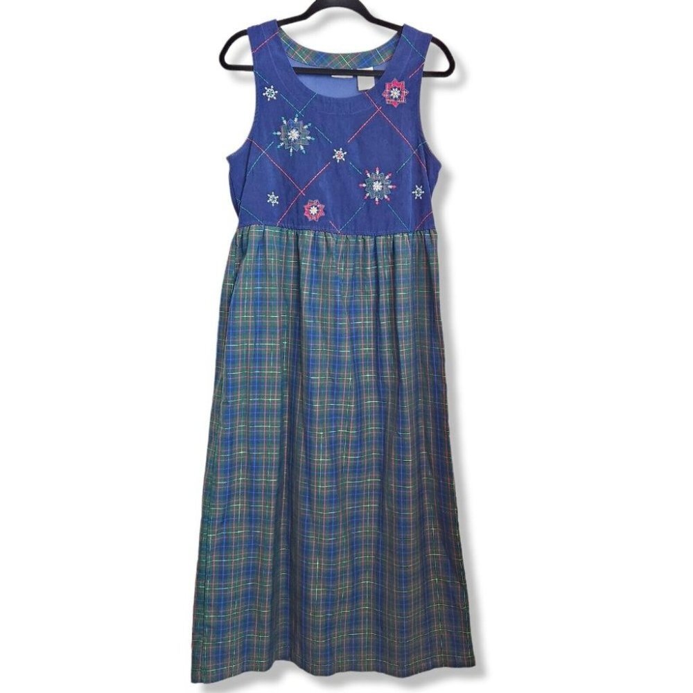 Bobbie Brooks WOMAN Size S (4/6) Dress Sleeveless Blue Cord Plaid Embroidery